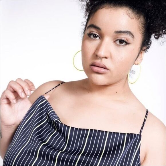 NWT BP X WILDFANG Square Neck Satin Midi Slip Dress In Navy Harlow Pinstripe 2X - Picture 3 of 12